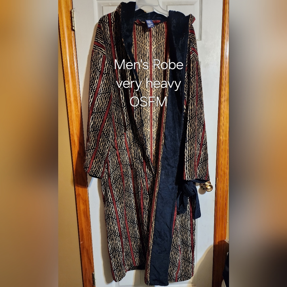 Men's Heavy Striped Robe with Shawl Collar - Black/Red/Cream